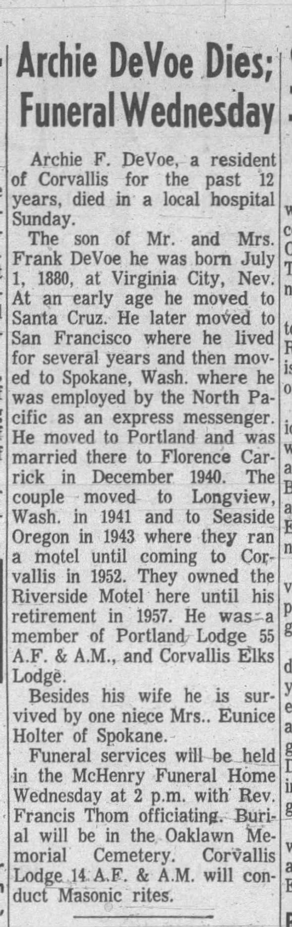 Archie DeVoe Obituary, Corvallis Gazette-Times